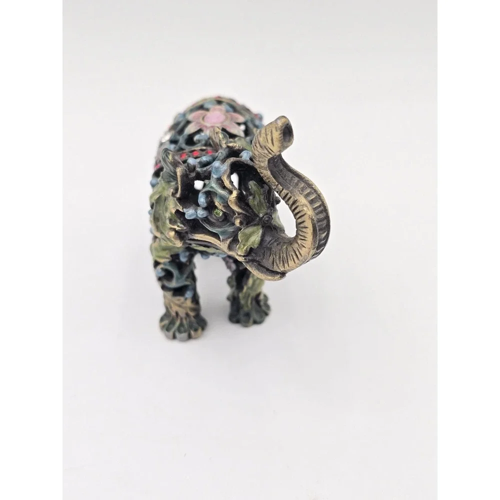 Elephant Ornate Hinged Trinket Box Figurine With Jewelry Charm Jeweled Enamel